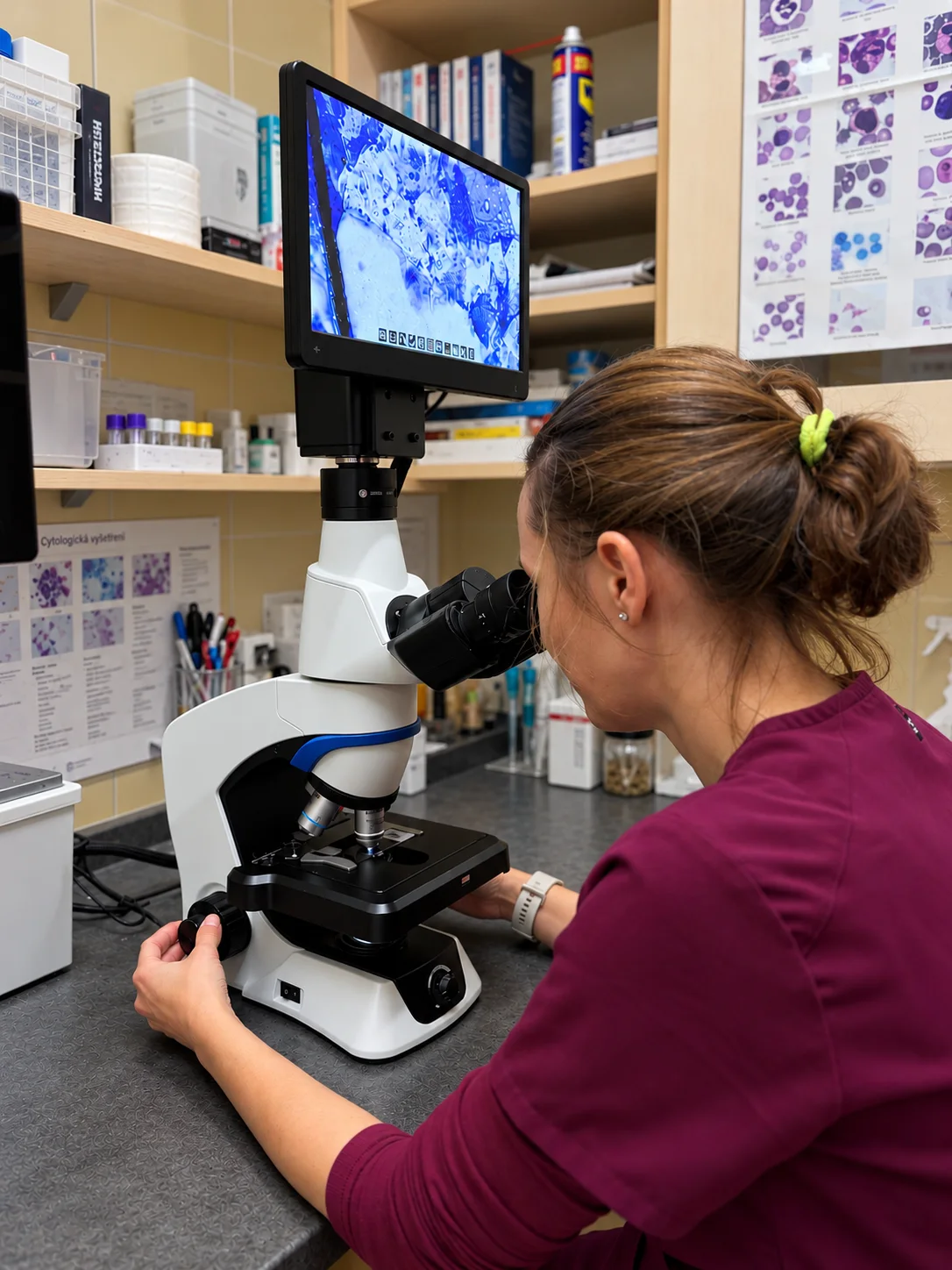 Laboratórne vyšetrenie vzorky pod mikroskopom, veterinárna klinika ZVERLAND Piešťany