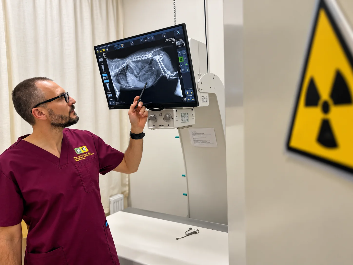Veterinárny lekár hodnotí röntgenovú snímku zvieraťa, klinika ZVERLAND Piešťany